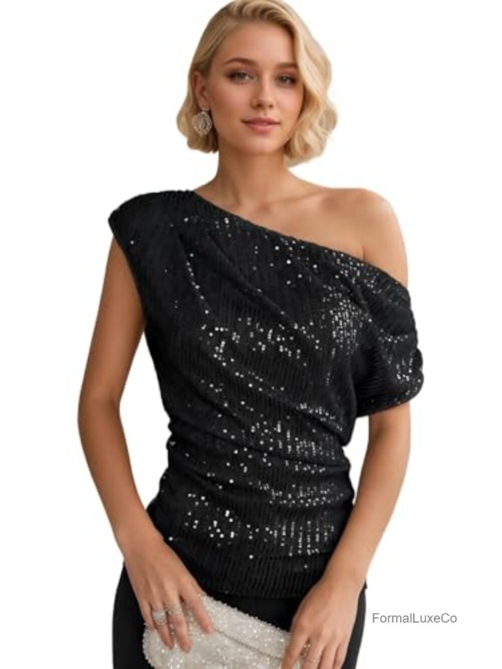 One Shoulder Sequin Top Women Elegant Ruched Blouse Party Sparkly Glitter Shirt